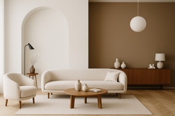 Modern minimalist living room interior with neutral tones and wooden furniture in stylish design concept on beige and brown background. Ai generative. Ai generative