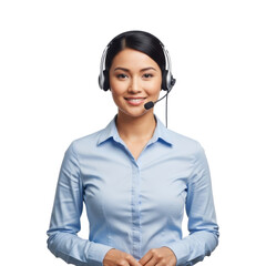 Smiling Asian woman wearing a headset, ready to provide customer service or support.