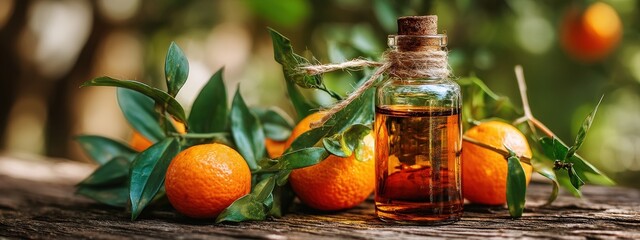 Bottle of mandarin or orange essential oil surrounded by fresh citrus fruits and leaves.