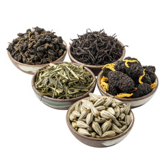 Five small bowls filled with different types of tea leaves and seeds, a food photography.