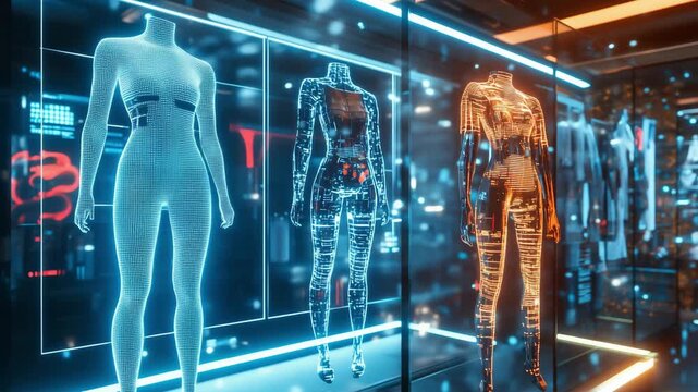 Advanced mannequins exhibit cutting edge wearable technology in a sleek retail environment filled with digital screens