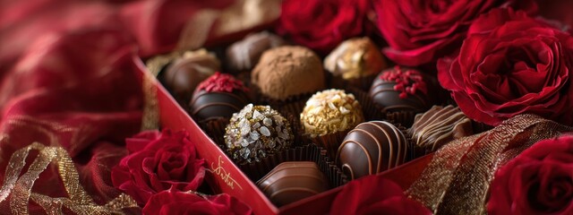 Luxurious red box overflowing with decadent assorted chocolates and deep red roses.