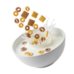Cereal pieces falling into a bowl of milk, creating a splash, white background.