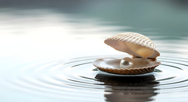 A pearl in a shell on the surface of the water is a successful career, the result of significant effort 