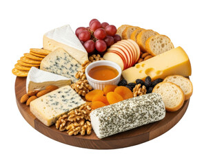 A beautifully arranged cheese board featuring various cheeses, fruits, nuts, crackers, and bread, perfect for a gathering.