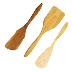 Three wooden kitchen spatulas on a white background

