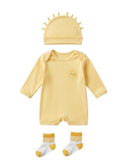 Baby outfit set featuring a yellow romper, hat, and socks, perfect for newborns.