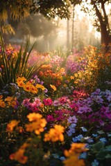 Obraz premium A vibrant garden overflowing with colorful flowers, illuminated by warm, ethereal morning sunlight.