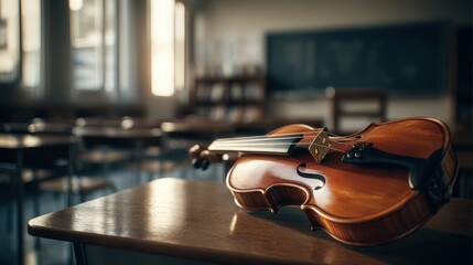 Fototapeta premium A violin rests on a wooden desk, poised for practice, in a blurred classroom setting