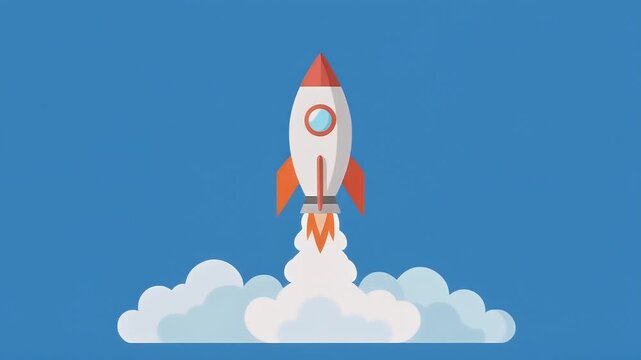 Rocket Launching into Blue Sky with Smoke.