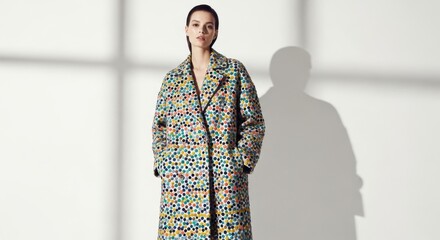 Woman in a colorful polka dot coat standing against a white wall with window light shadow