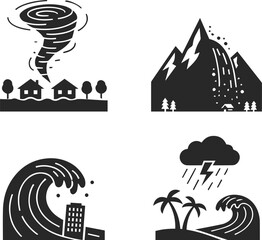 Naklejka premium Set of icons of tornado in town, avalanche or rockfall from mountain, prices, storm or storm warning on beach, natural disaster icons.