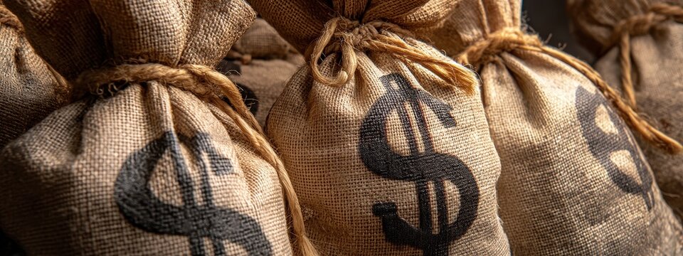 Close-up of burlap money bags tied with golden rope and adorned with dollar symbols.