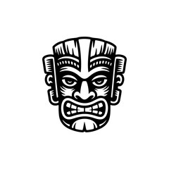 Tiki tribal wooden mask set and Tiki mug. Hawaiian traditional elements. Colored, wooden and black and white silhouette. Vector illustration