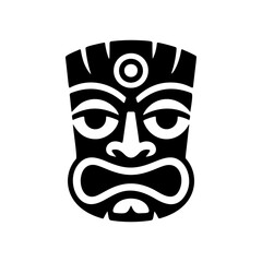 Tiki tribal wooden mask set and Tiki mug. Hawaiian traditional elements. Colored, wooden and black and white silhouette. Vector illustration