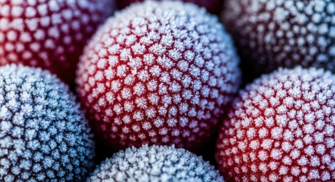 Close up of frozen red berries covered in frost creating a beautiful winter background