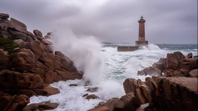 Dramatic coastal scene lighthouse stands strong against crashing waves misty gray seascape - Powered by Adobe