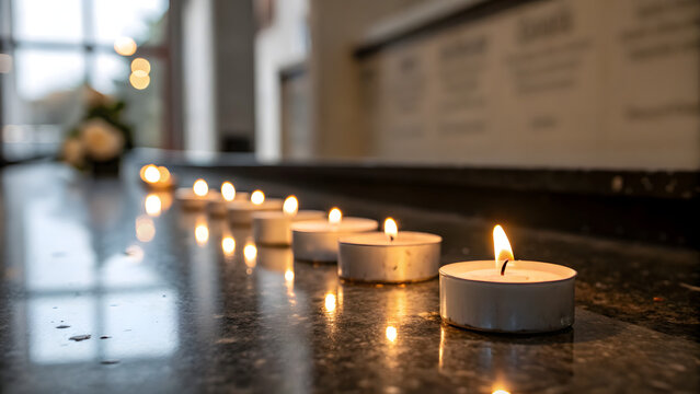 Line of glowing tea light candles on dark surface, warm light