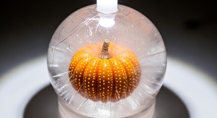 Miniature pumpkin with orange dots encased in a clear glass dome on a dark background