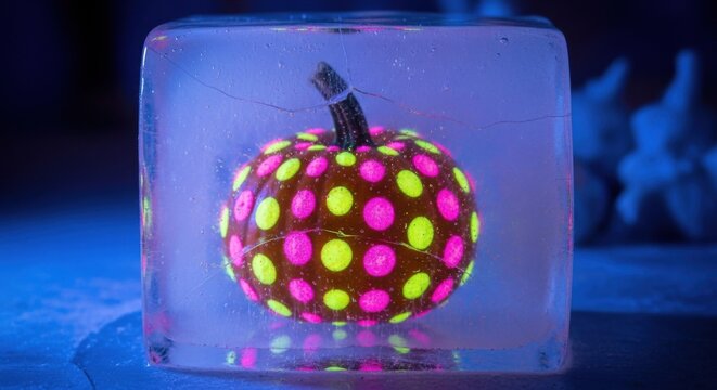 Polka dot pumpkin frozen in ice glows with neon colors for a unique halloween display - Powered by Adobe