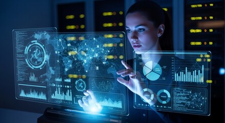 Woman interacting with a futuristic holographic interface displaying data visualizations and charts.