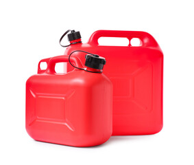 Red plastic canisters on white background