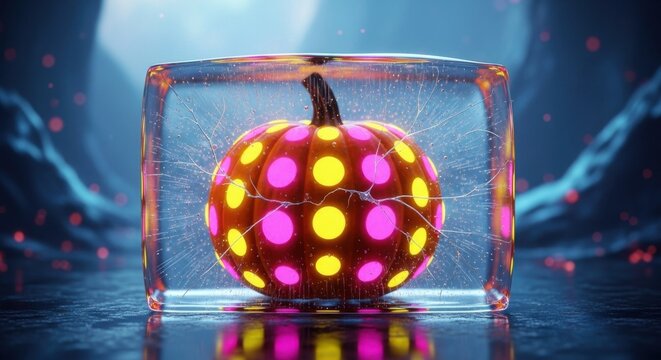 Polka dot pumpkin encased in ice glows with neon colors in a surreal composition