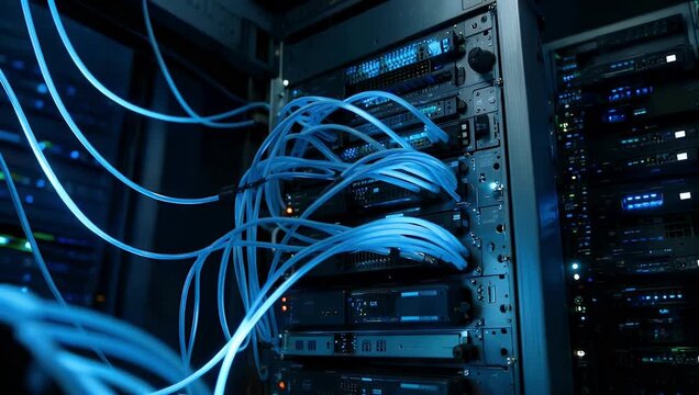Closeup of Server Rack with Network Cables and Data Equipment in Data Center - Powered by Adobe