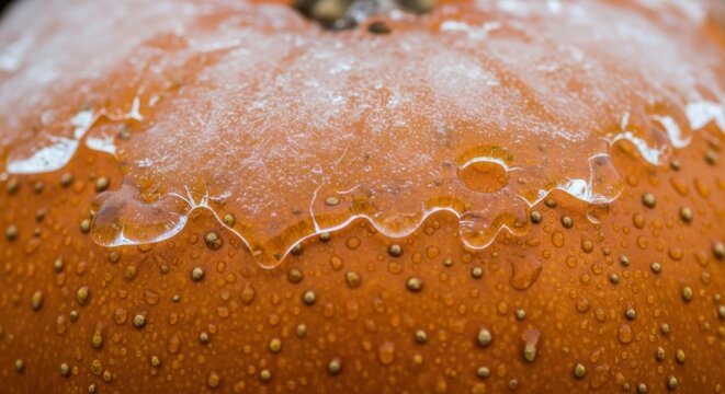 Close up of a wet orange pumpkin with water droplets and frost on the surface