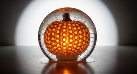 Glowing pumpkin encased in ice sphere on a reflective surface with dramatic lighting setup