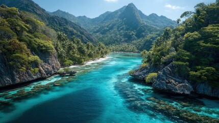 Naklejka premium Stunning tropical landscape with turquoise waters, lush mountains, and a hidden cove.