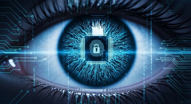 Eye with digital lock, representing cybersecurity and data protection.