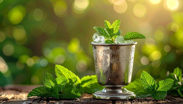 A close-up shot of a chilled beverage in a metallic chalice, adorned with fresh green mint and ice, with bokeh background