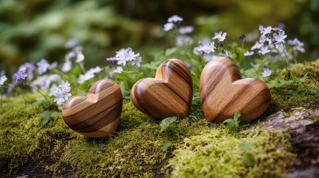 Three Wooden Hearts Resting on Moss-Covered Log: Eco-Love and Nature Concept