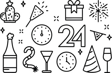 New year celebration line art icon set for festive party events