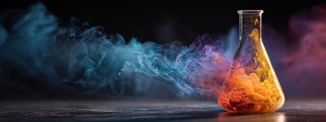 Dynamic Chemical Reaction Glowing in Yellow and Blue Inside a Transparent Erlenmeyer Flask