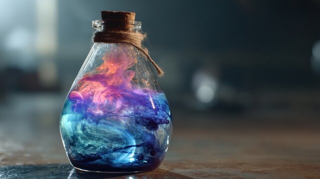 Dynamic Chemical Reaction Glowing in Yellow and Blue Inside a Transparent Erlenmeyer Flask - Powered by Adobe