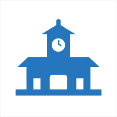 Railway station silhouette with clock tower and roofed platform,