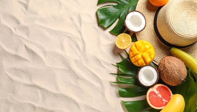 Tropical Fruits and Leaves on Sandy Beach Background