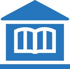 Library building silhouette with open book shape on front,