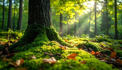 Sunlight filtering through a lush green forest floor covered in moss and fallen leaves.