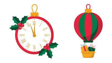 Holiday Ornaments and Festive Time: Festive holiday decorations, including a clock and a hot air balloon, symbolizing the countdown to a new year. A delightful scene.