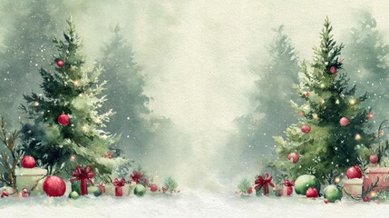 Whimsical watercolor painting of two decorated christmas trees with gifts underneath in a snowy forest setting