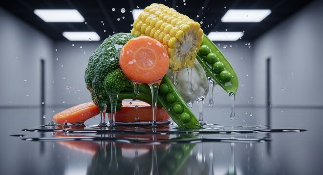 Fresh vegetables including corn carrot broccoli and peas are dripping with water indoors - Powered by Adobe