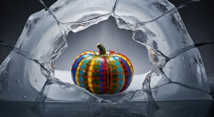 Colorful pumpkin with polka dots displayed behind shattered ice in a studio setting art