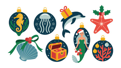 Marine Christmas Ornaments: A vibrant collection of unique ornaments featuring a seahorse, jellyfish, dolphin with gift, starfish, seashell with bow, treasure chest, mermaid, and coral.