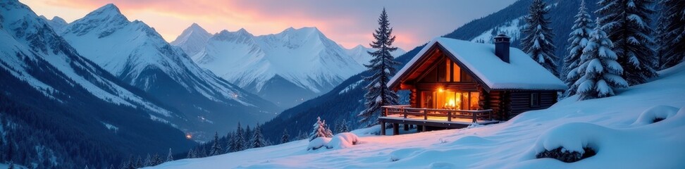 Fototapeta premium Cozy cabin nestled in snowy mountains, fireplace glow visible, firelight, holiday scene