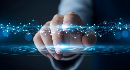 Close up of a person s finger touching a glowing digital network of interconnected nodes and lines