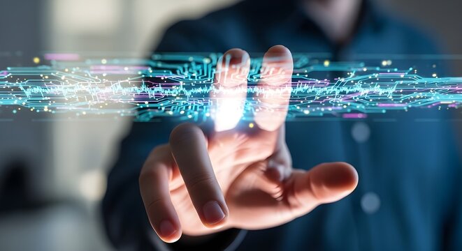 Person touching a glowing stream of digital data and information with their fingertip