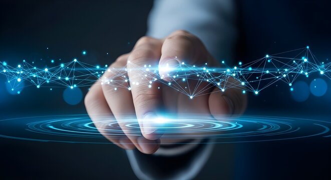 Close up of a person s finger touching a glowing digital network of interconnected nodes and lines